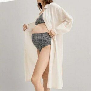 NEW HATCH Stone Cream Collared Button Front Pin Stripe Swim Cover Size Small